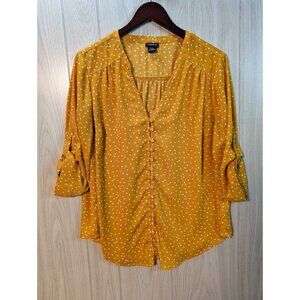 Torrid Top Womens Sz 1 Mustard Yellow White Polka Dot Button Front Rolled Sleeve